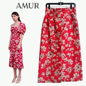 AMUR NEW Floral Belted Vented Crepe Midi Skirt 8